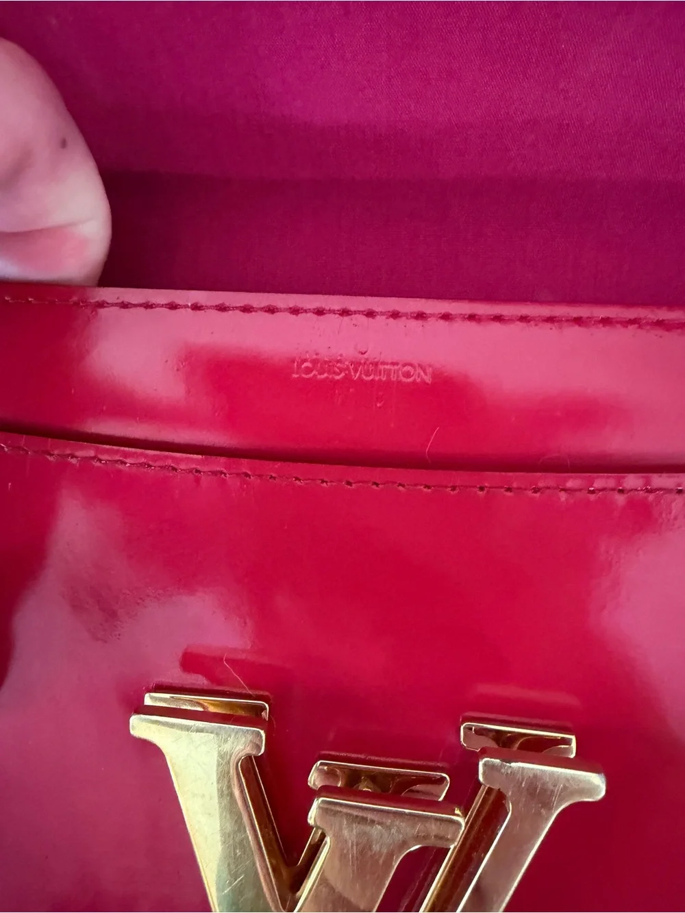 Louis Vuitton Red Patent Louise Clutch with Gold LV Emblem
